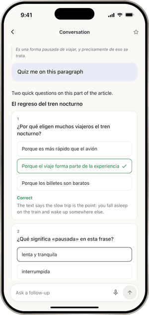 A conversation in ContextCat about a Spanish article, with a short quiz on the paragraph and the right answer marked.
