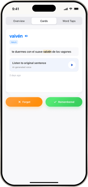 Una targeta de repàs de ContextCat per a la paraula castellana vaivén, amb la seva frase i els botons He oblidat i He recordat.