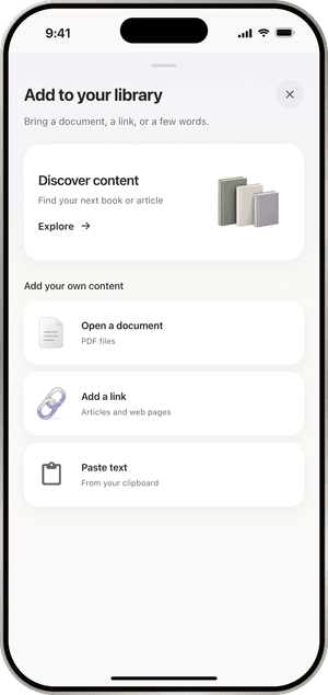 The Add to your library sheet in ContextCat with three choices: open a document, add a link, paste text.