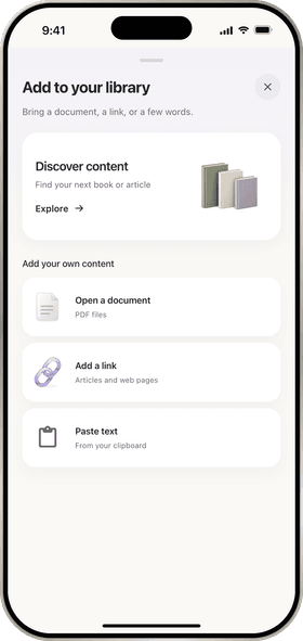 The Add to your library sheet in ContextCat with three choices: open a document, add a link, paste text.