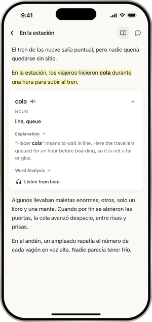 The ContextCat reader with the Spanish word cola tapped. The note under the sentence says it means line or queue here, not tail or glue.