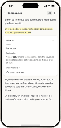 The word cola explained as line or queue in its sentence.